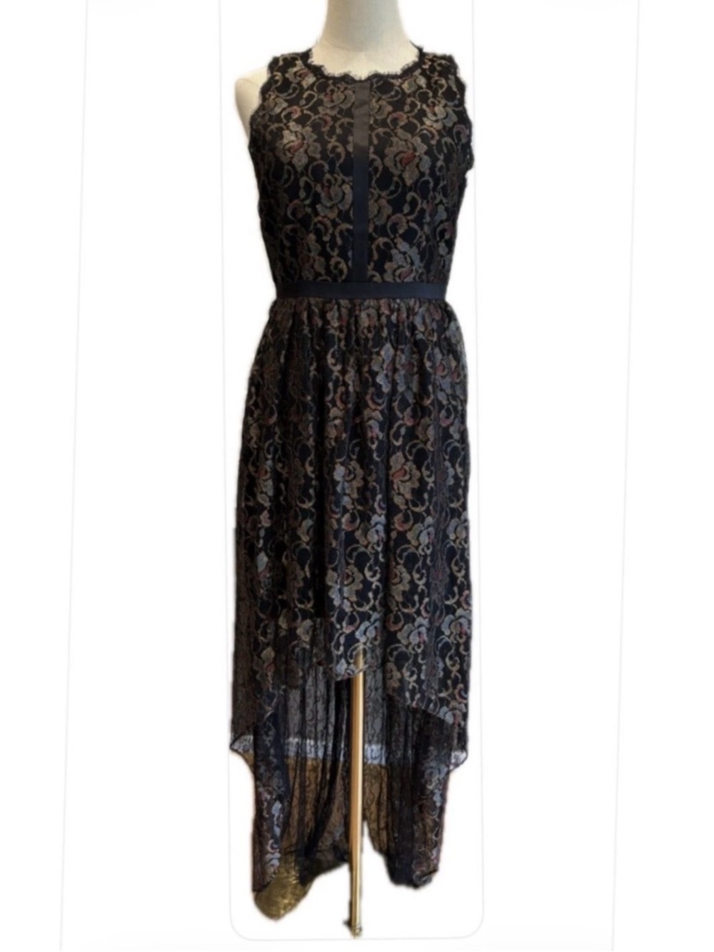 Adrianna Papell NWOT Black Lace Sleeveless Metallic High-Low Evening Dress 6P